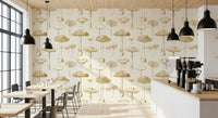 Fine fungi studies shape Golden Mushroom wallpaper on a soft neutral ground