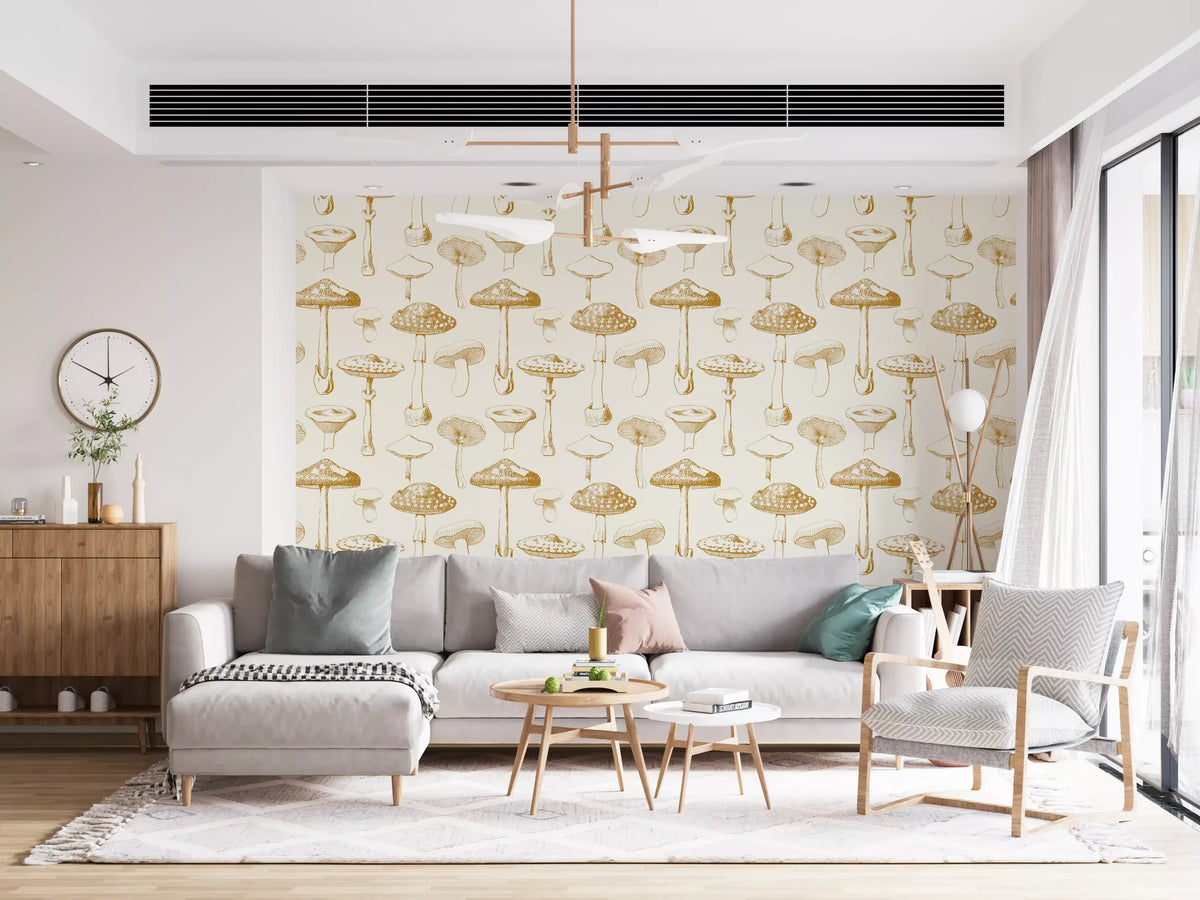 Living room Golden Mushroom Sketchbook wallpaper with hand-drawn fungi outlines