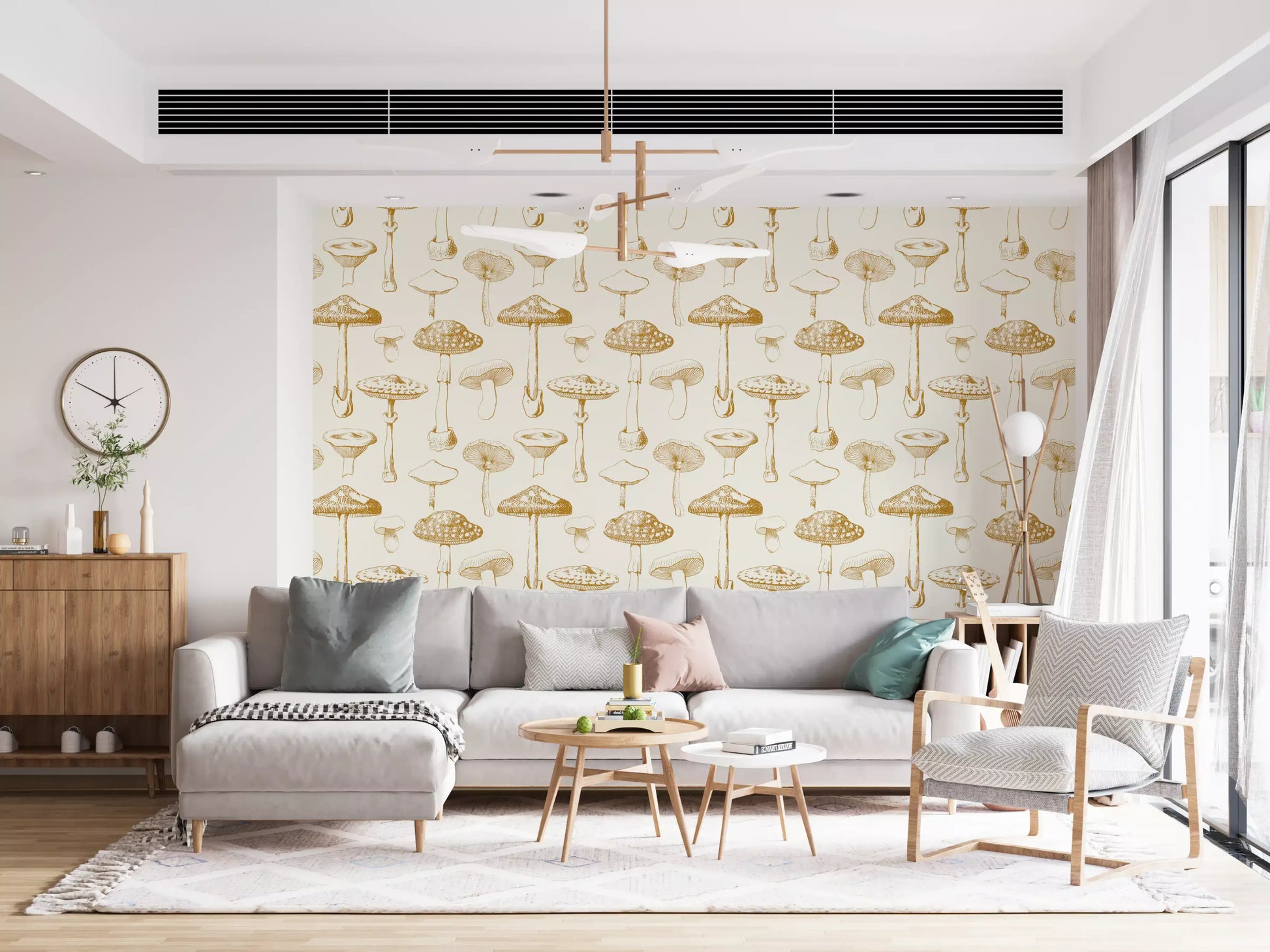 Living room Golden Mushroom Sketchbook wallpaper with hand-drawn fungi outlines