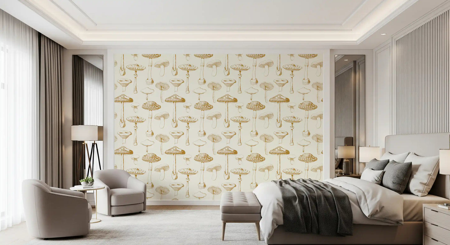 Clean vintage linework forms Mushroom Wallpaper with subtle woodland character