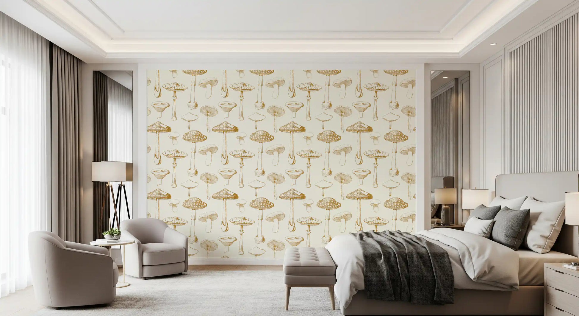 Clean vintage linework forms Mushroom Wallpaper with subtle woodland character