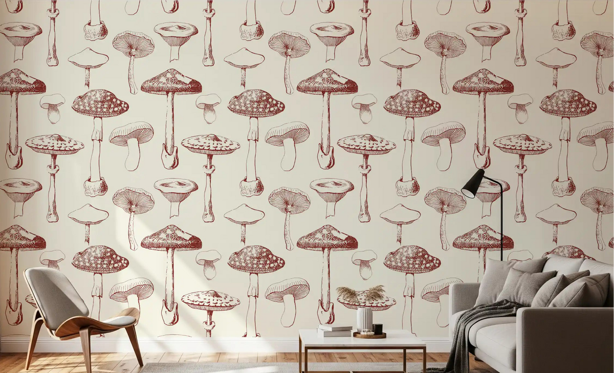 Living room Vintage Mushroom Grove wallpaper with hand-drawn woodland fungi