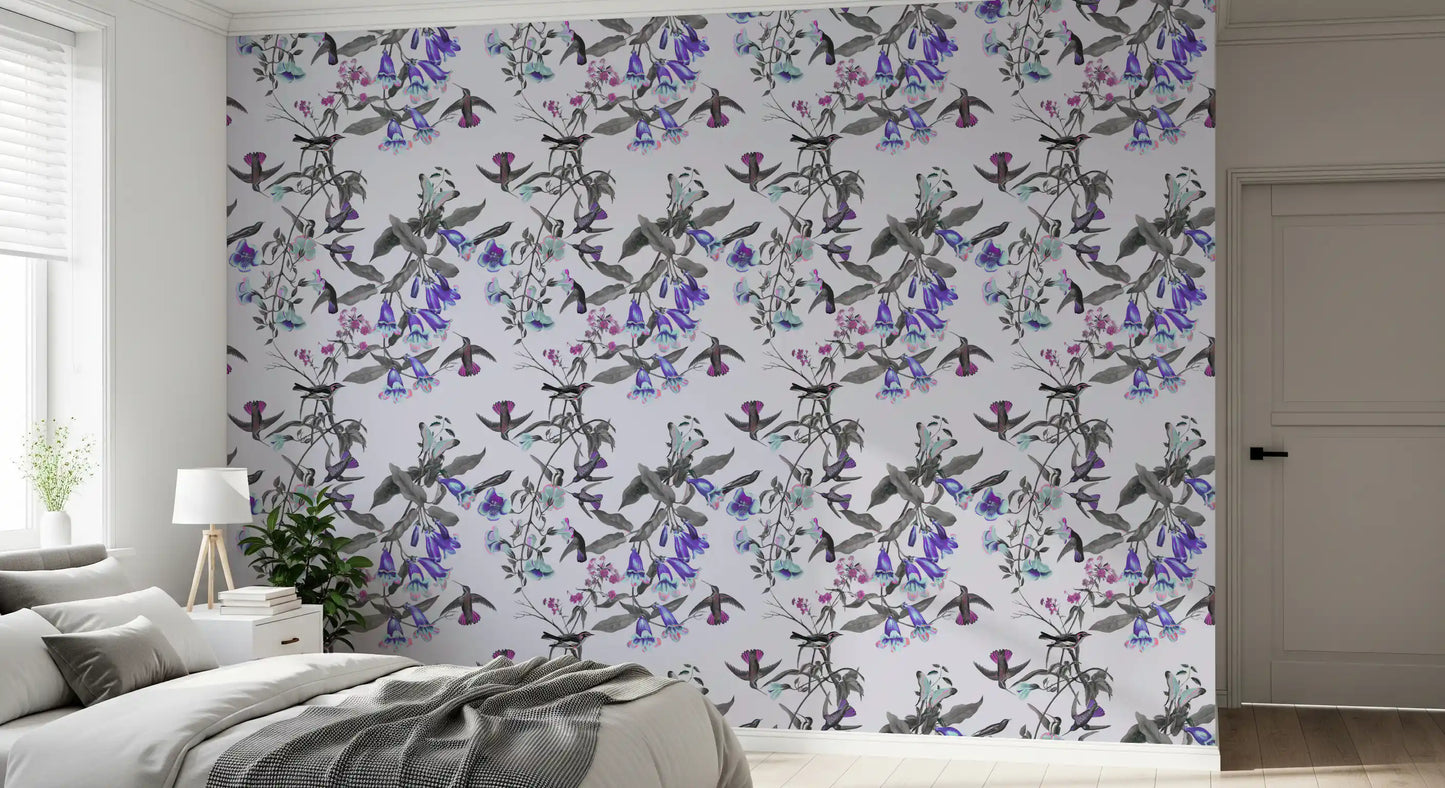 Cool-toned floral artwork shapes Aviary Bloom wallpaper in an airy repeat