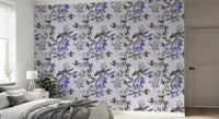 Cool-toned floral artwork shapes Aviary Bloom wallpaper in an airy repeat