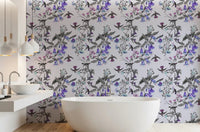 Bathroom Aviary Twilight Bloom wallpaper with violet flowers and birds