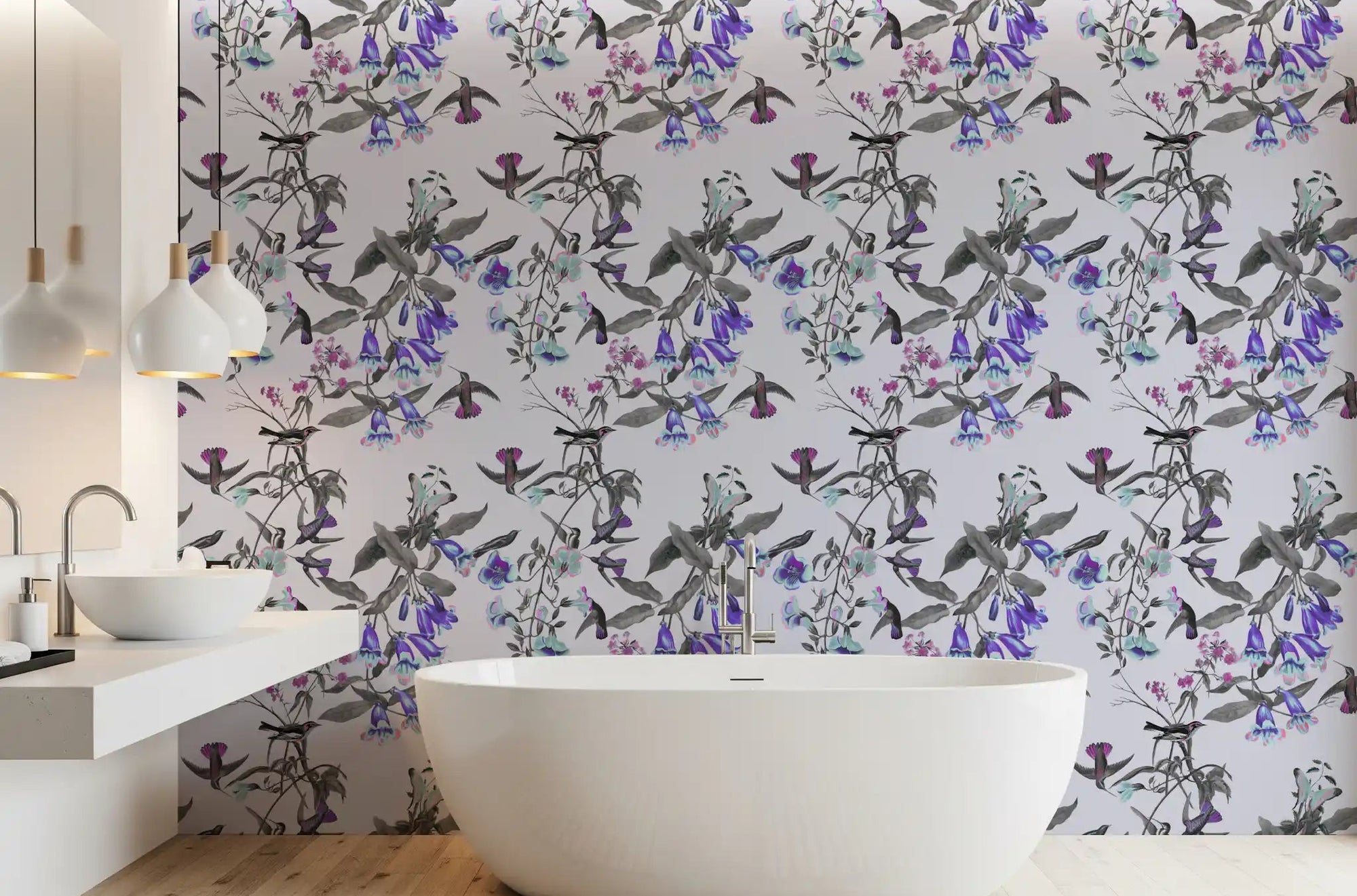 Bathroom Aviary Twilight Bloom wallpaper with violet flowers and birds