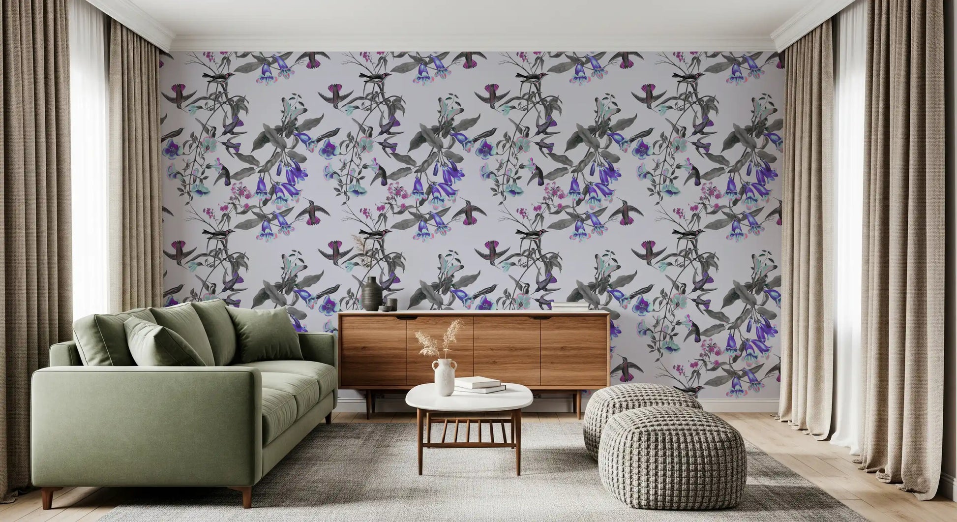 Smoky leaves frame Aviary Twilight Bloom wallpaper with luminous blossoms