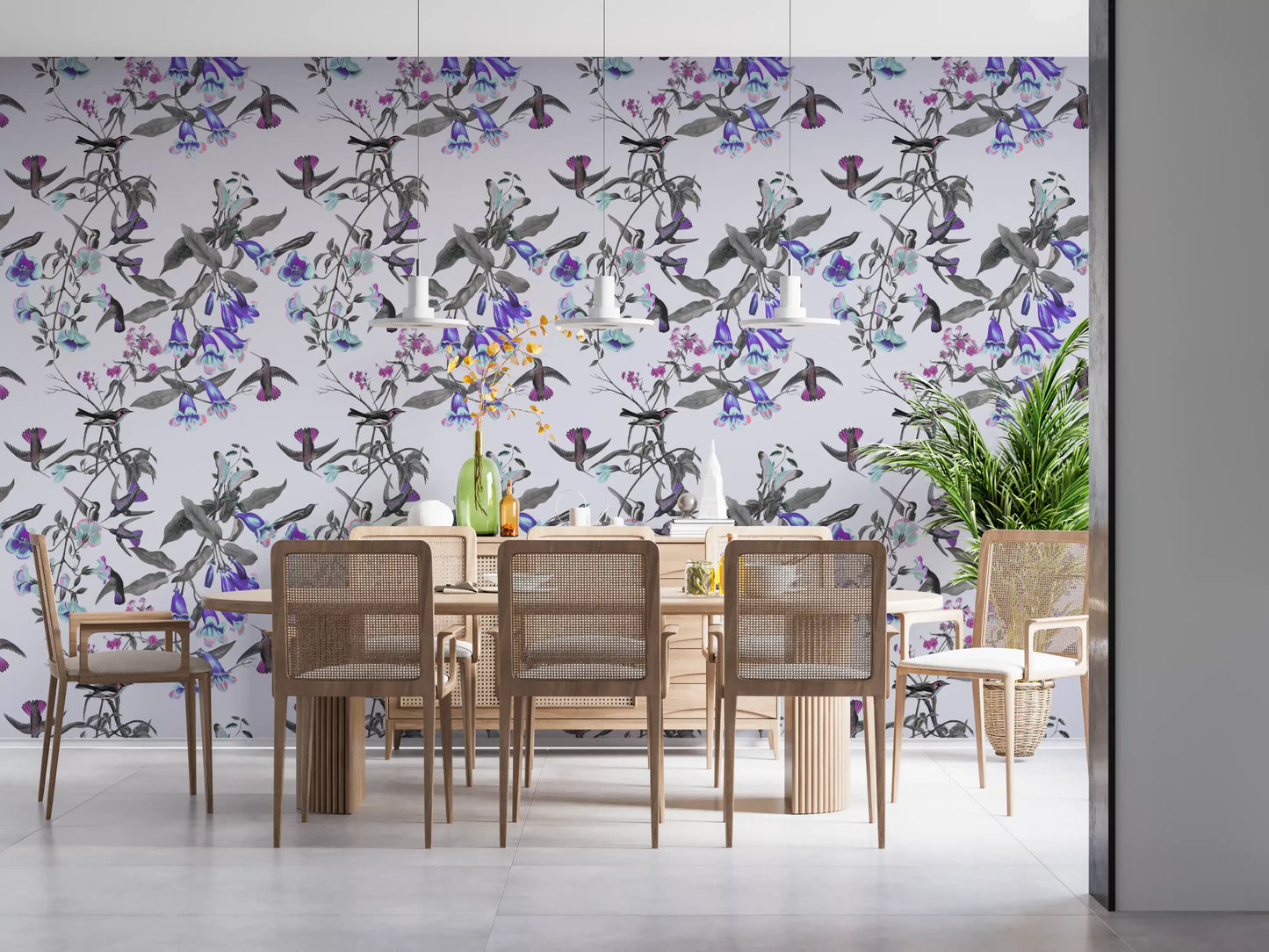 Delicate hummingbirds animate Twilight Bloom wallpaper with grey leafy branches