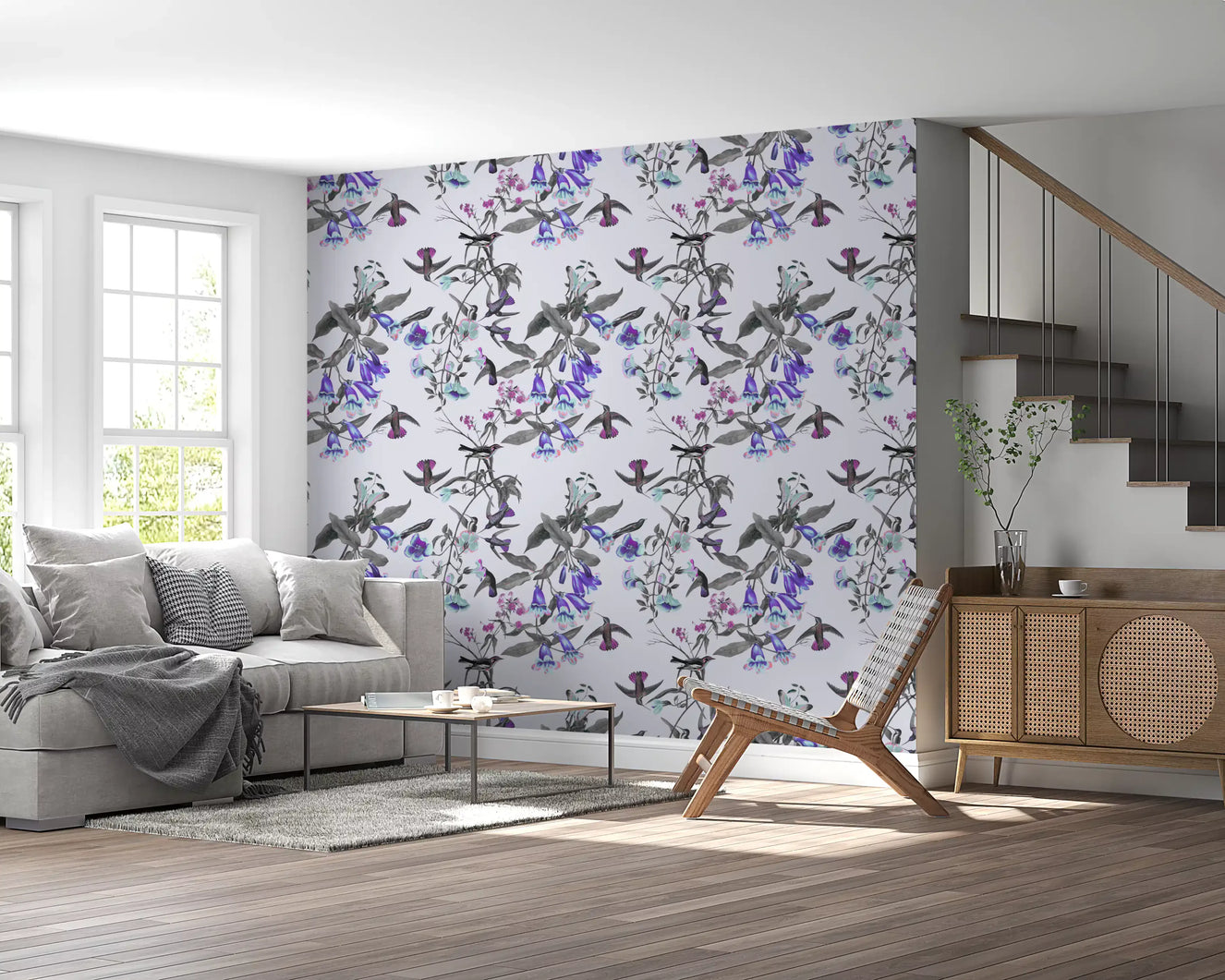 Hallway wall in Twilight Bloom wallpaper with cool floral bird motifs