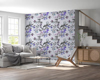 Hallway wall in Twilight Bloom wallpaper with cool floral bird motifs