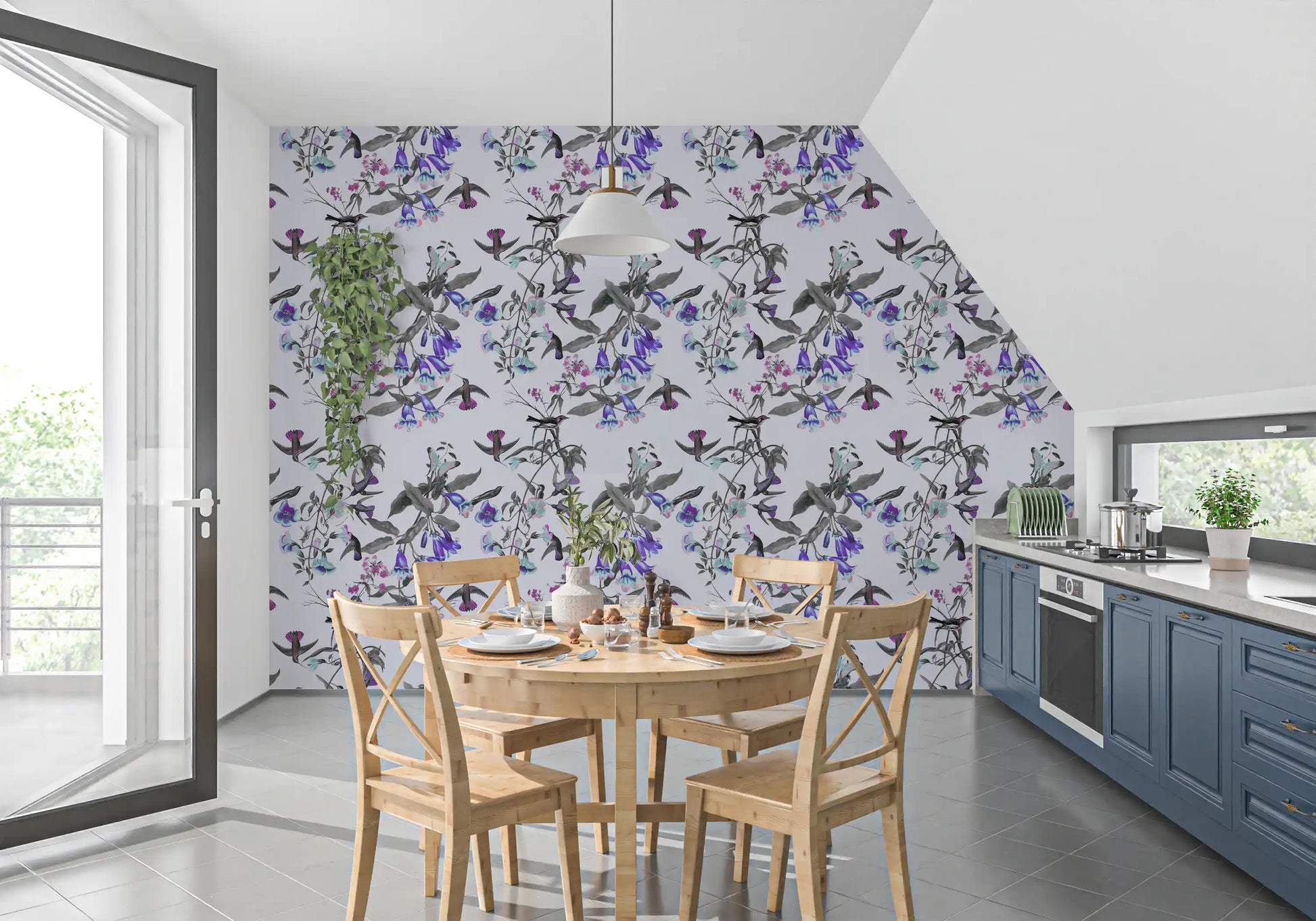 Kitchen wall using Twilight Bloom wallpaper in smoky botanical tones