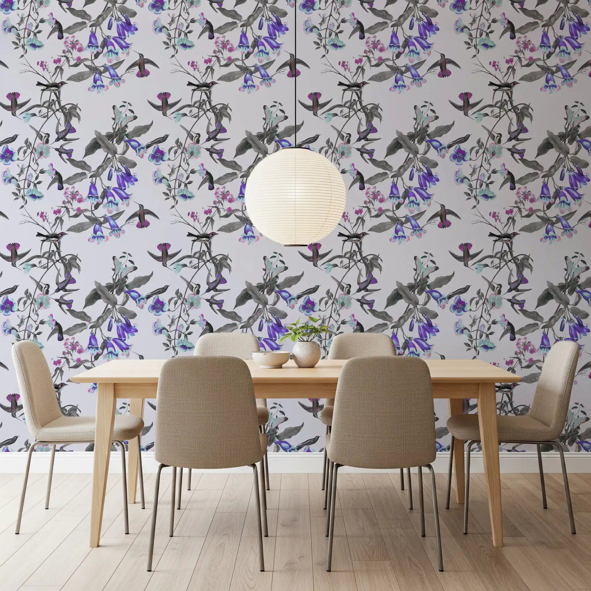 Dining room Aviary Twilight wallpaper with purple petals and winged detail