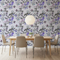 Dining room Aviary Twilight wallpaper with purple petals and winged detail