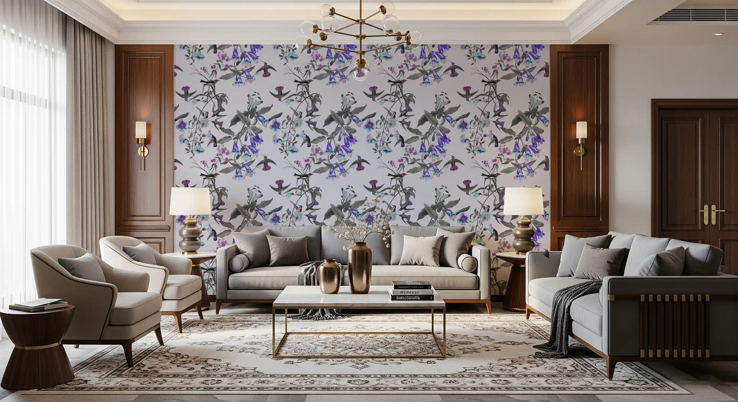 Living room styled with Aviary Bloom wallpaper and dusky bell blossoms