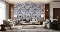Living room styled with Aviary Bloom wallpaper and dusky bell blossoms