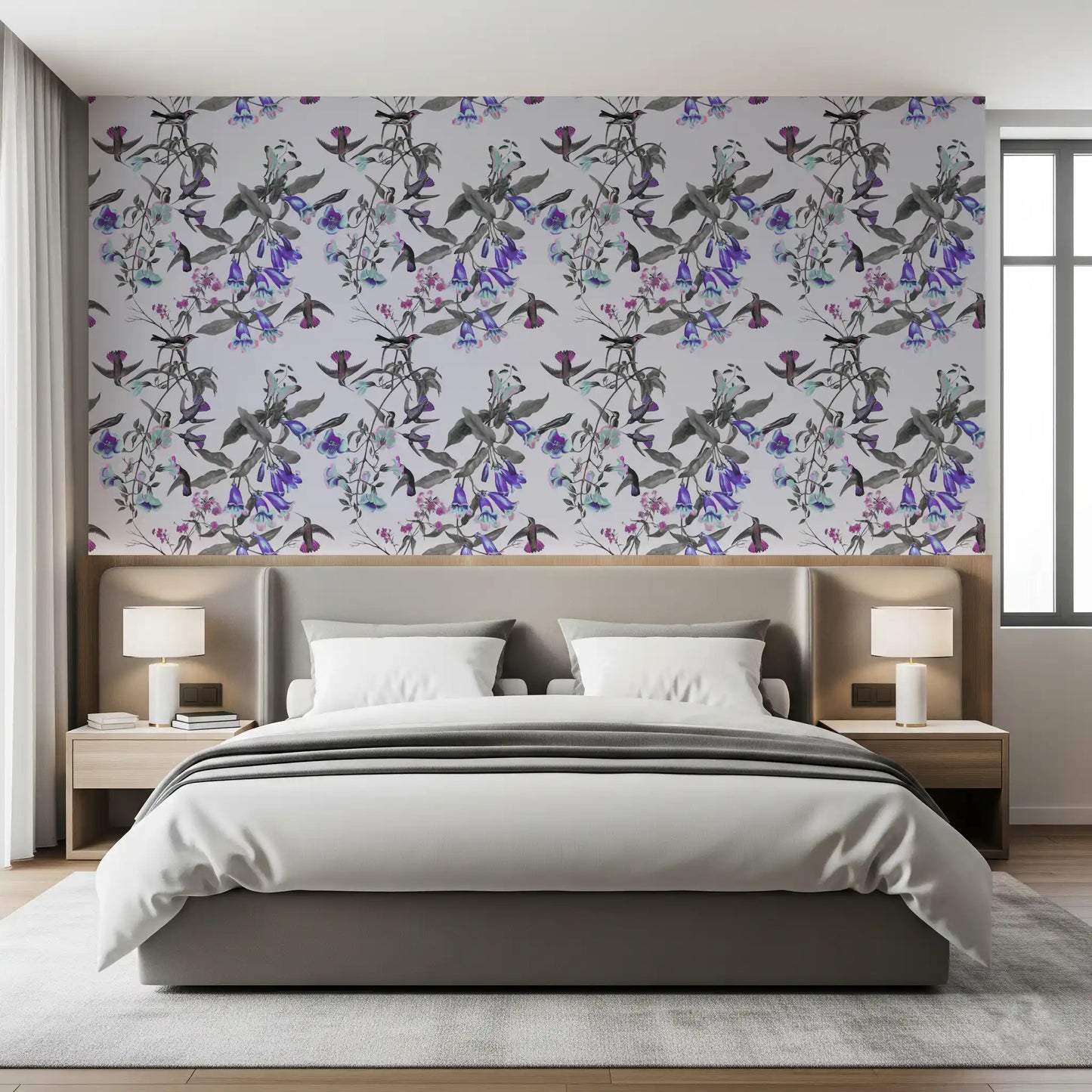 Graceful bird motifs enrich Twilight Bloom wallpaper with evening floral charm