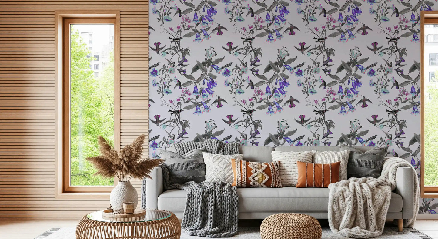 Violet bell flowers drift across Aviary Twilight wallpaper with soft bird forms