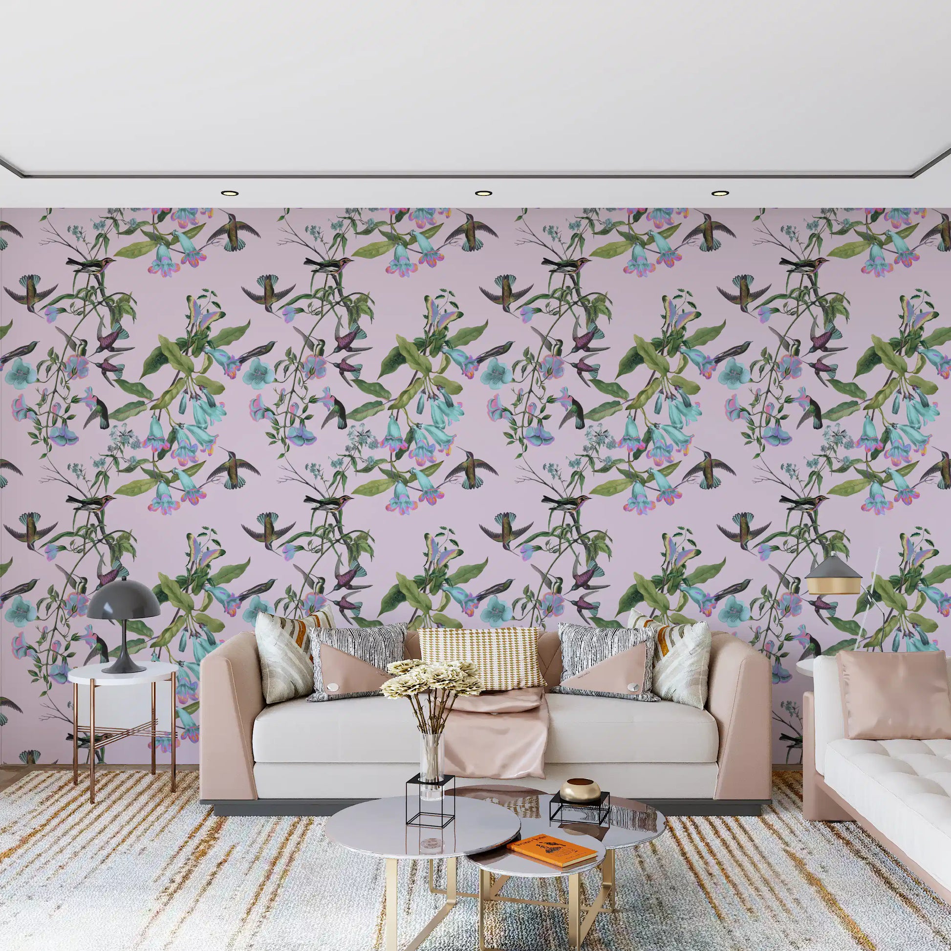 Home office Enchanted Aviary wallpaper in pastel floral bird pattern
