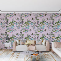 Home office Enchanted Aviary wallpaper in pastel floral bird pattern