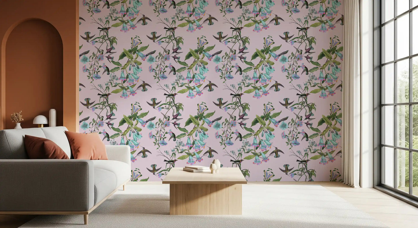 Hallway Aviary Flowers wallpaper in soft lilac and mint botanical tones