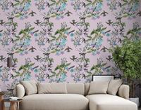 Living room Enchanted Aviary wallpaper with pastel flowers and bird motifs