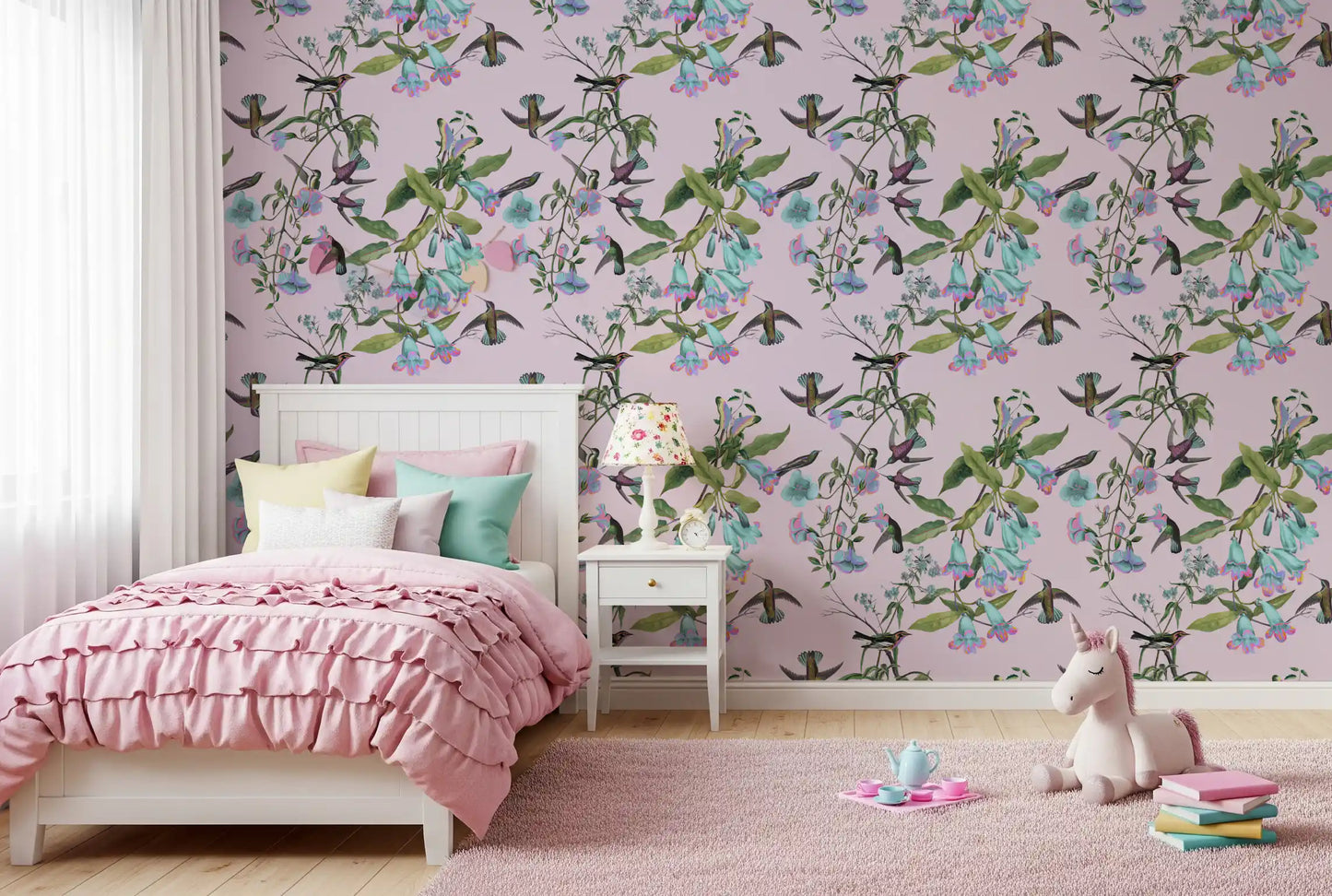 Girls room Aviary Flowers wallpaper with delicate blooms and winged detail
