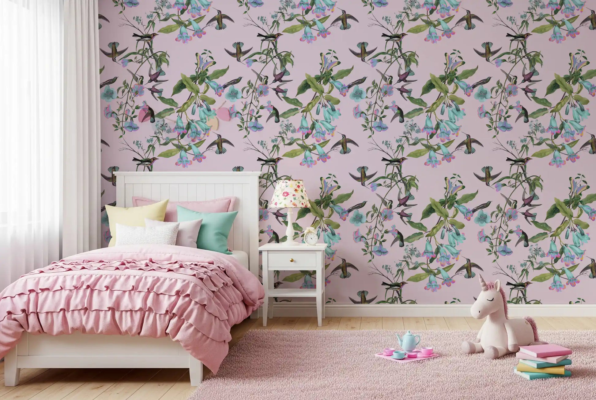 Girls room Aviary Flowers wallpaper with delicate blooms and winged detail