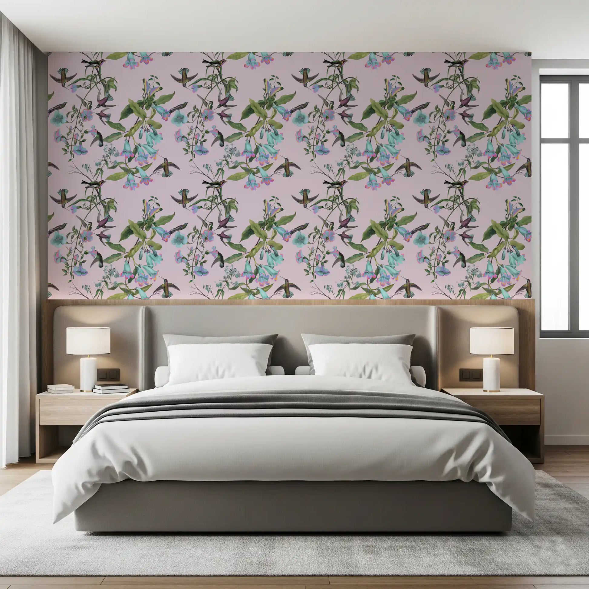 Graceful hummingbirds drift through Aviary Flowers wallpaper with pastel petals