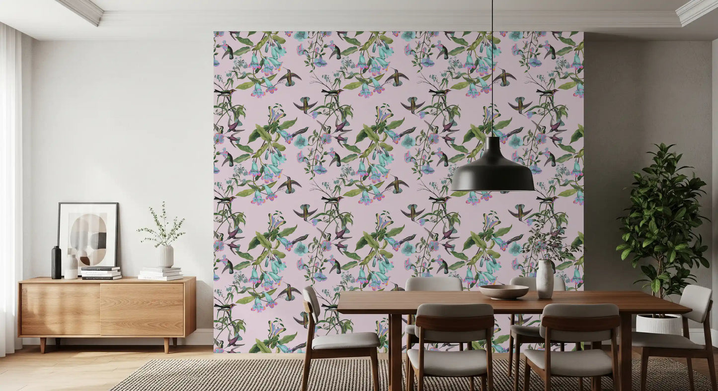 Muted green leaves balance Enchanted Aviary wallpaper with floral movement