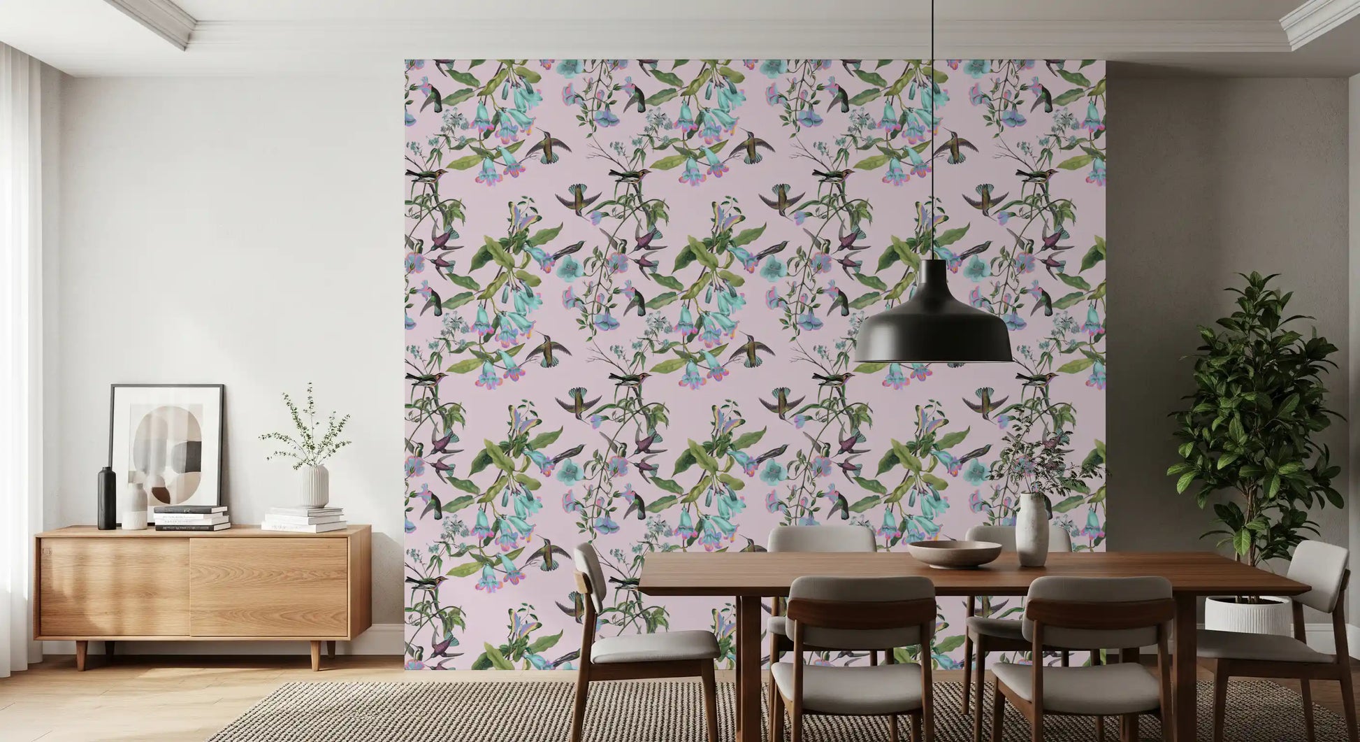 Muted green leaves balance Enchanted Aviary wallpaper with floral movement
