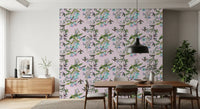 Muted green leaves balance Enchanted Aviary wallpaper with floral movement