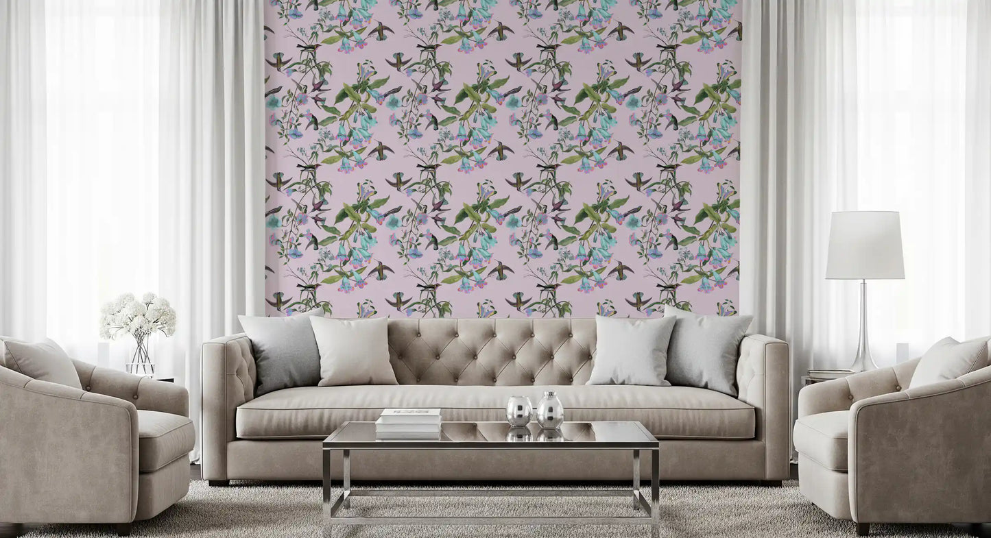 Living area Enchanted Flowers wallpaper with hummingbirds and airy blossoms