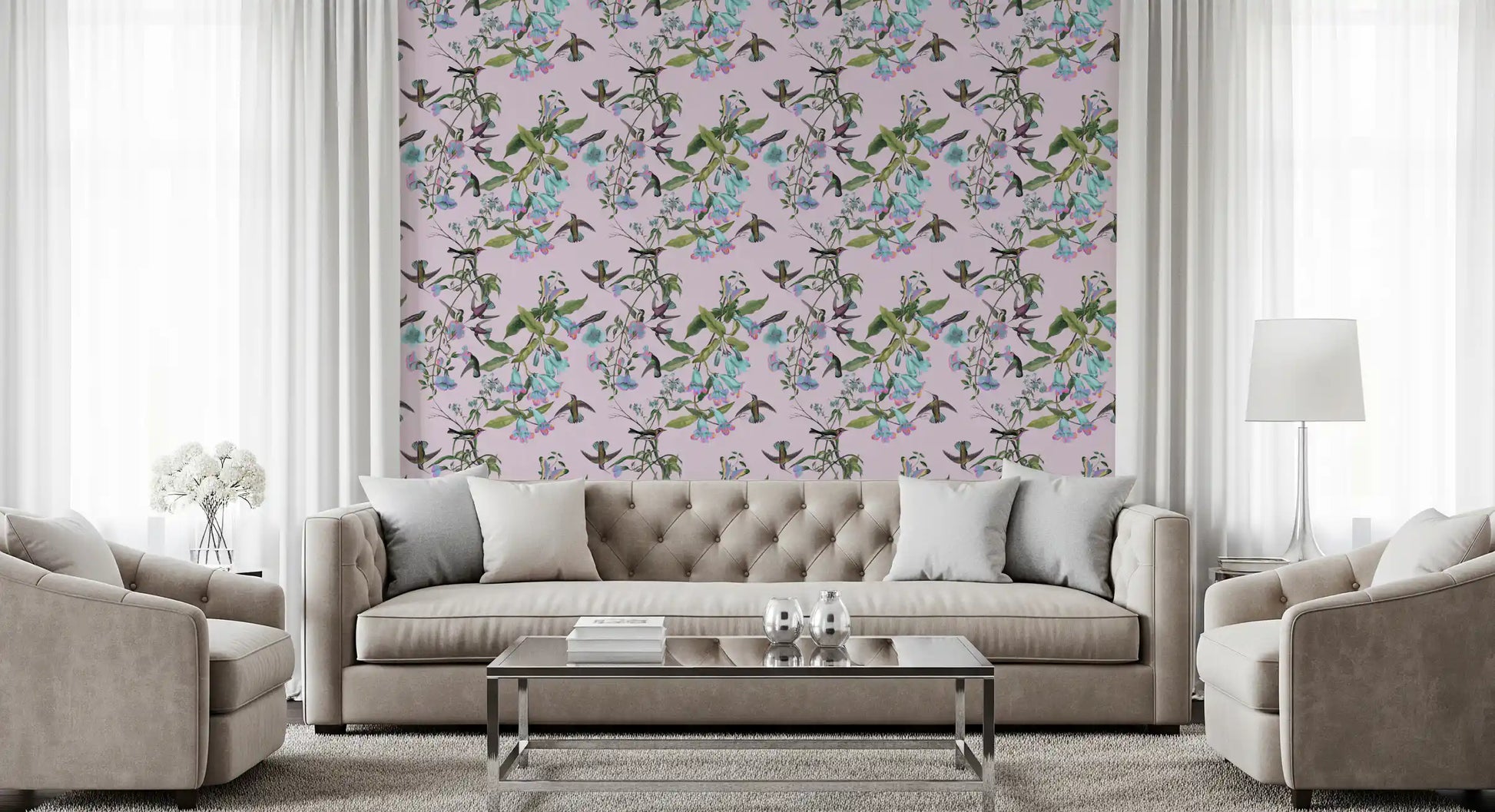 Living area Enchanted Flowers wallpaper with hummingbirds and airy blossoms