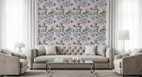 Living area Enchanted Flowers wallpaper with hummingbirds and airy blossoms