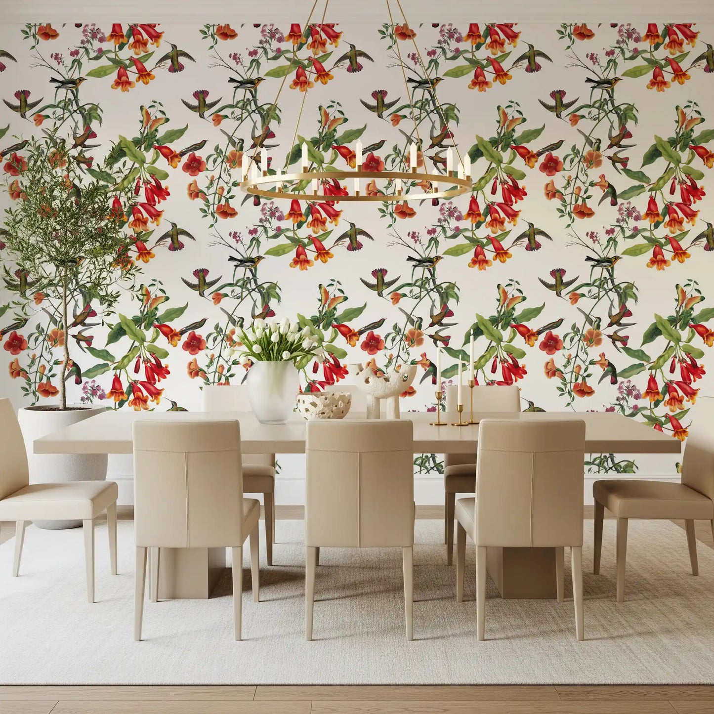 Aves exóticas de jardín y flores tropicales Wallpaper⁠