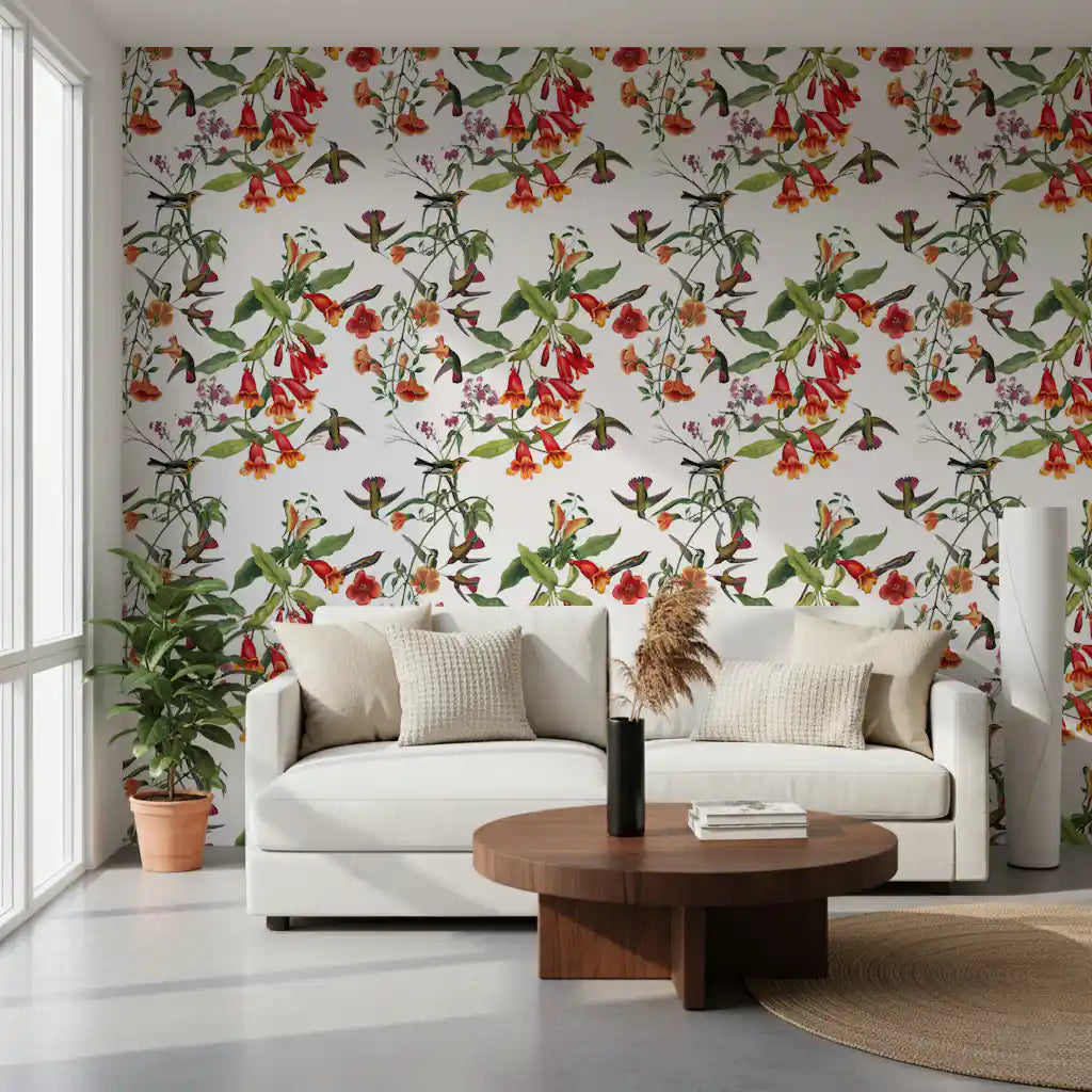 Aves exóticas de jardín y flores tropicales Wallpaper⁠