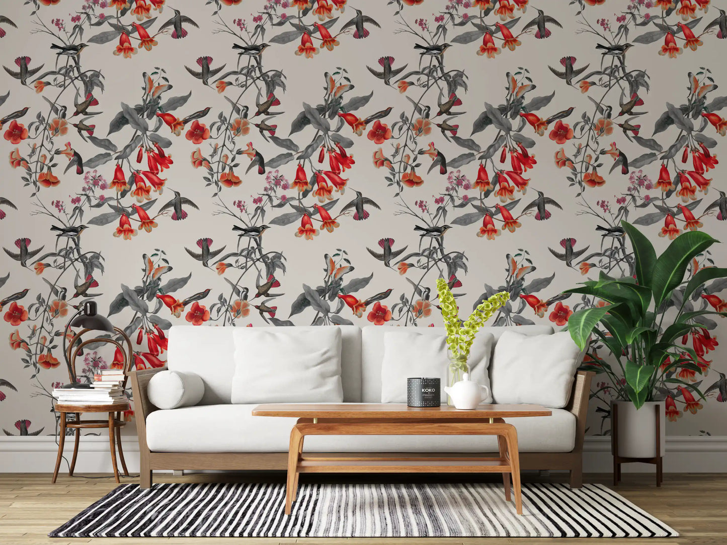 Delicate hummingbirds sweep through Crimson Aviary wallpaper with muted leaves