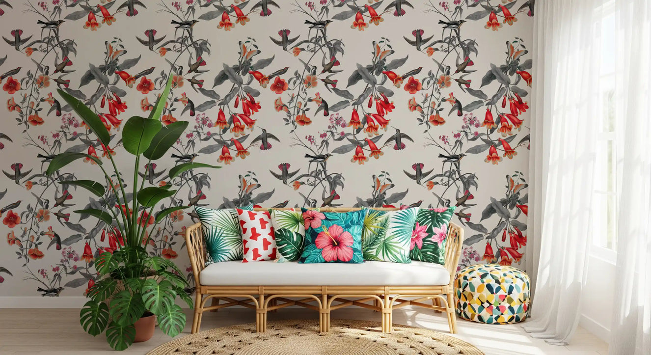 Hallway feature in Flower Aviary wallpaper with red blooms and grey foliage
