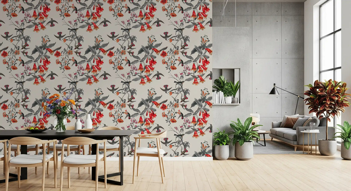 Vintage nature detailing gives Crimson Aviary wallpaper a refined printed look