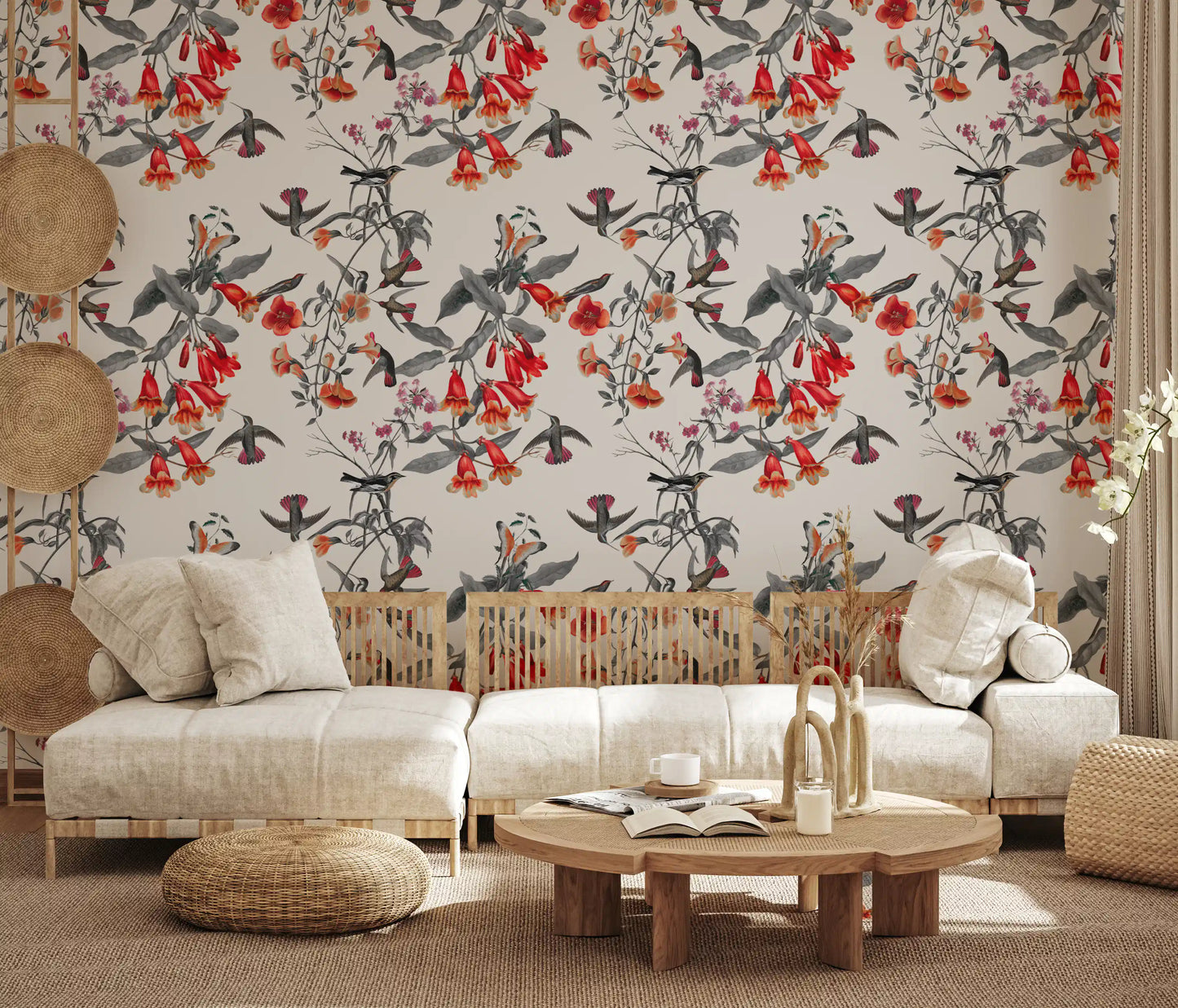 Living room styled in Crimson Aviary wallpaper with hummingbirds and floral stems