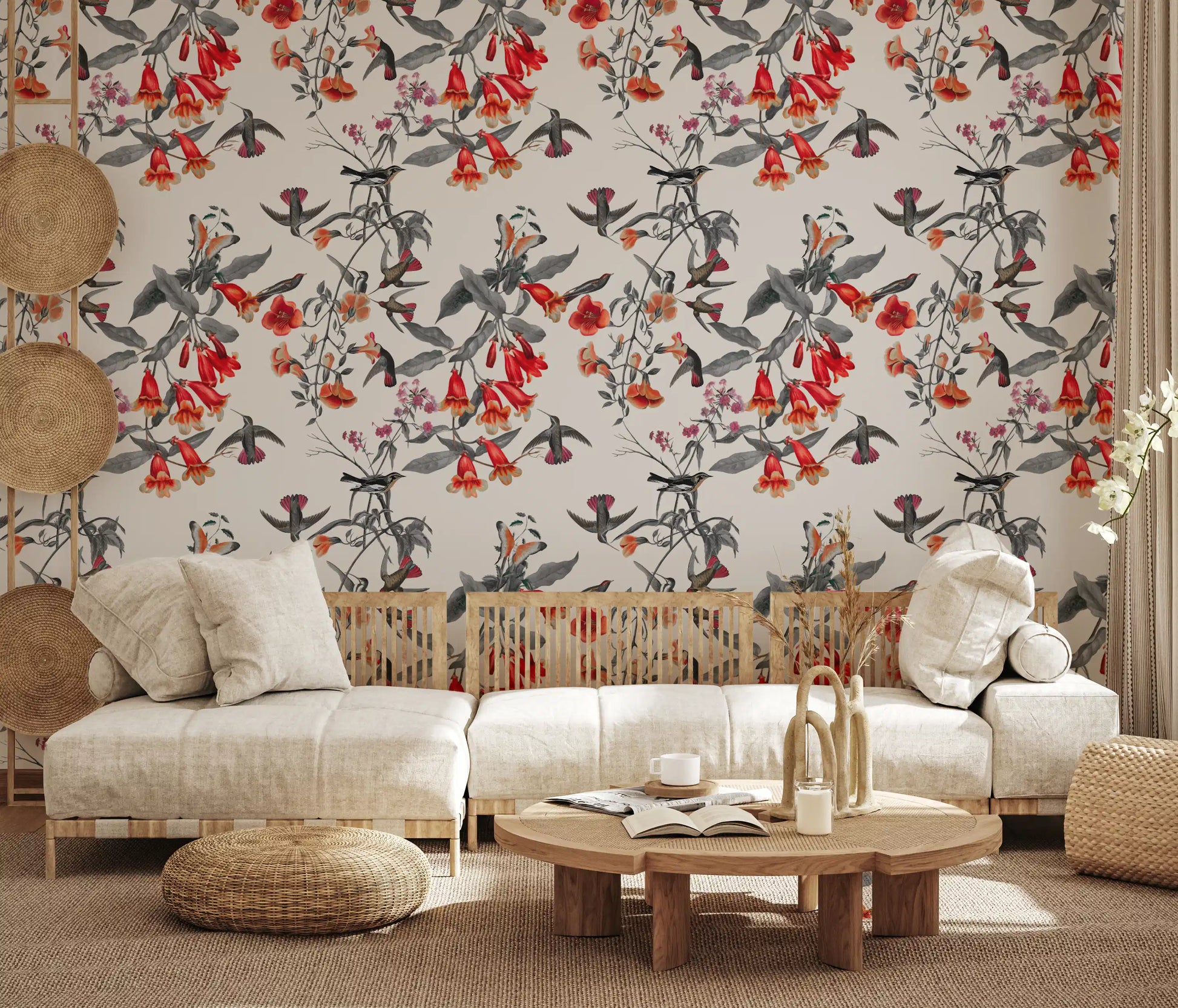 Living room styled in Crimson Aviary wallpaper with hummingbirds and floral stems