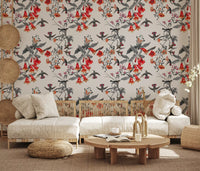 Living room styled in Crimson Aviary wallpaper with hummingbirds and floral stems
