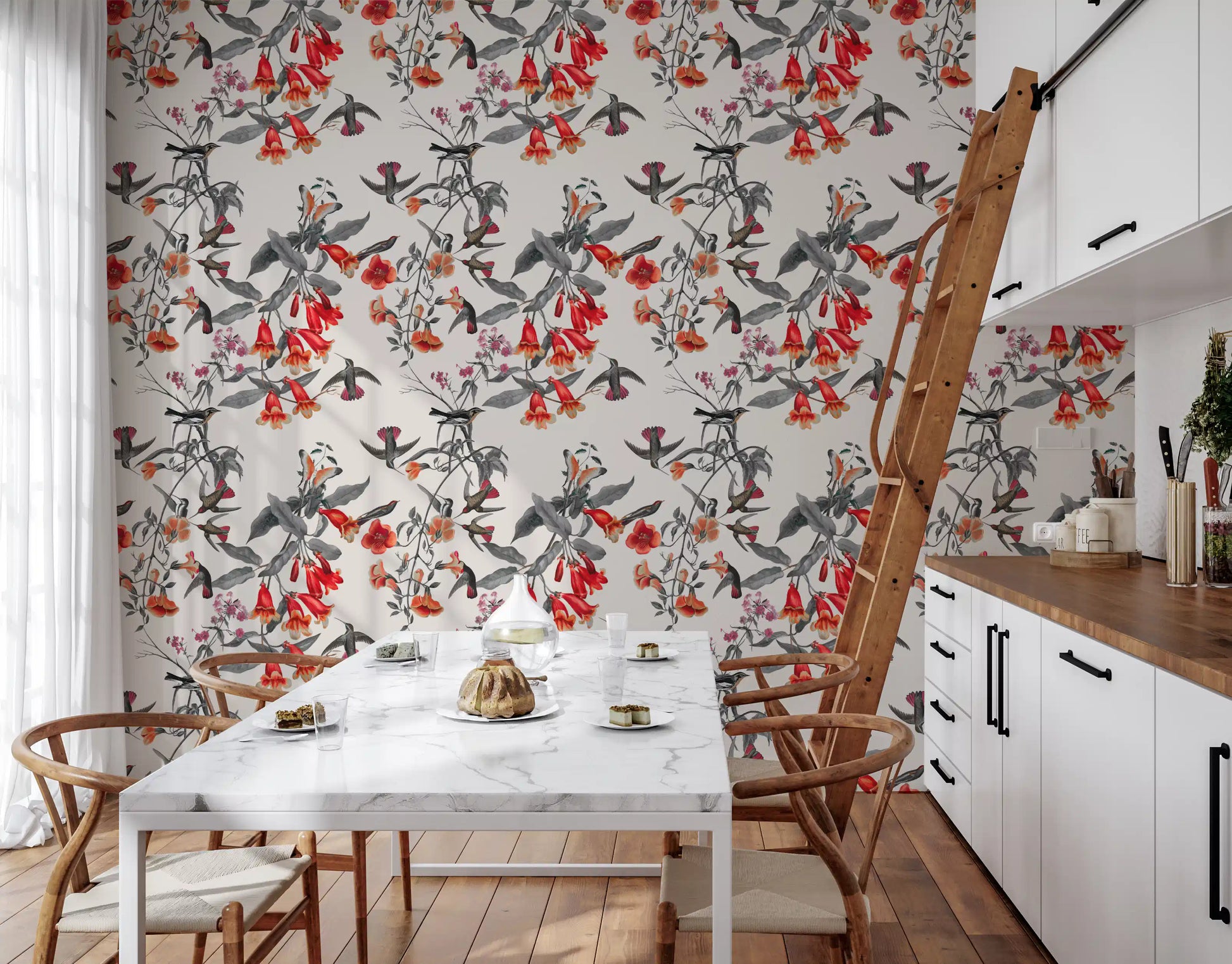 Kitchen view of Crimson Flower wallpaper with vintage bird pattern