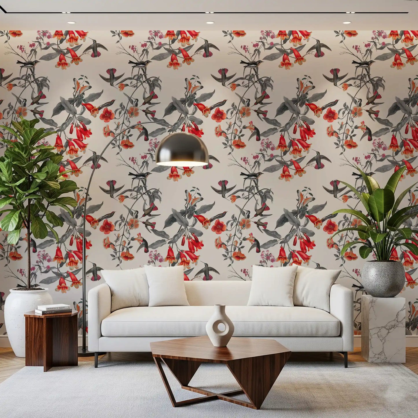 Scarlet bell flowers define this Flower Aviary wallpaper in a graceful repeat