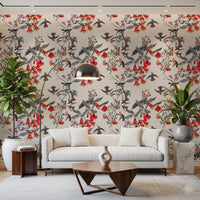 Scarlet bell flowers define this Flower Aviary wallpaper in a graceful repeat