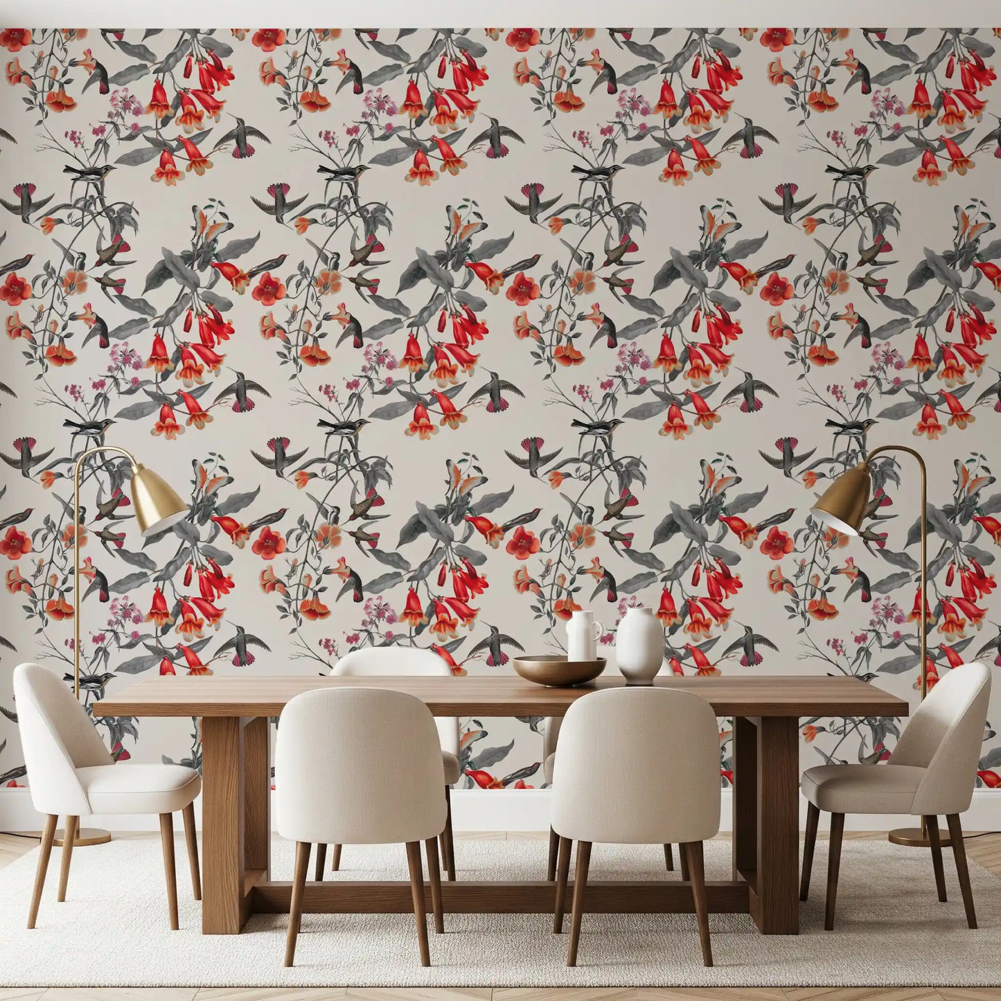 Grey botanical branches frame Aviary Wallpaper with warm crimson blossoms
