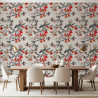 Grey botanical branches frame Aviary Wallpaper with warm crimson blossoms
