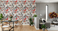 Fine bird illustration meets Crimson Flower wallpaper in a balanced layout