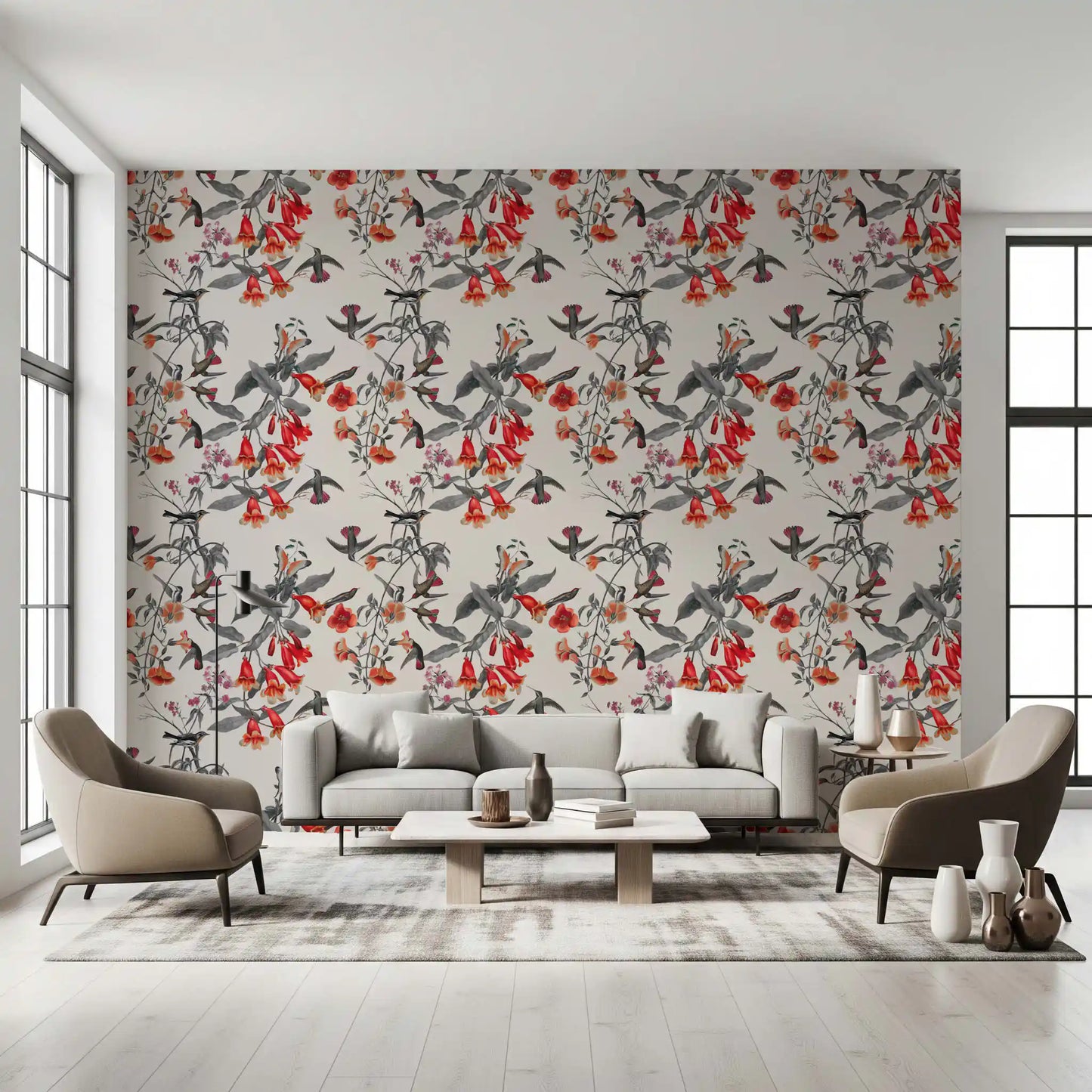 Office wall using Flower Aviary wallpaper and soft crimson blossom detail