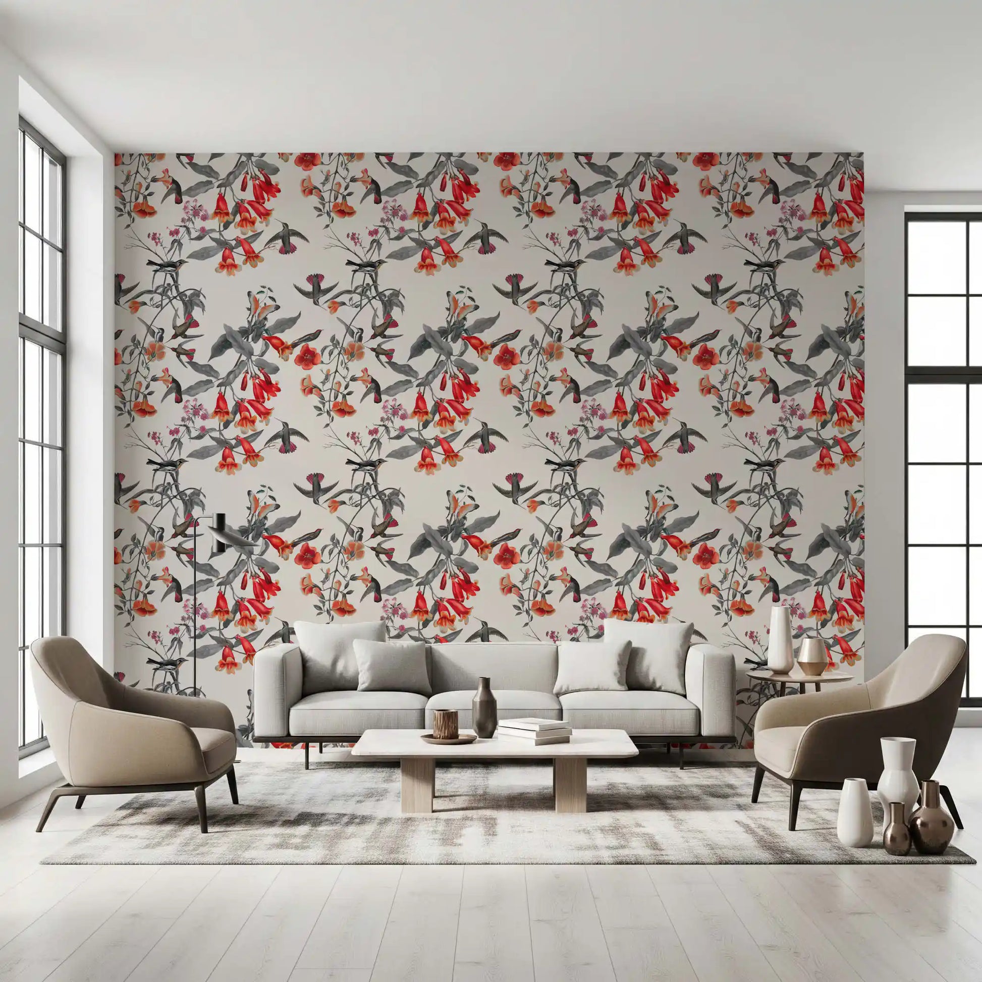 Office wall using Flower Aviary wallpaper and soft crimson blossom detail